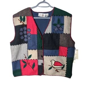 Ashley Hill Vintage Wool Blend Vest Women's XL Blue Red Button Up Bird Patchwork